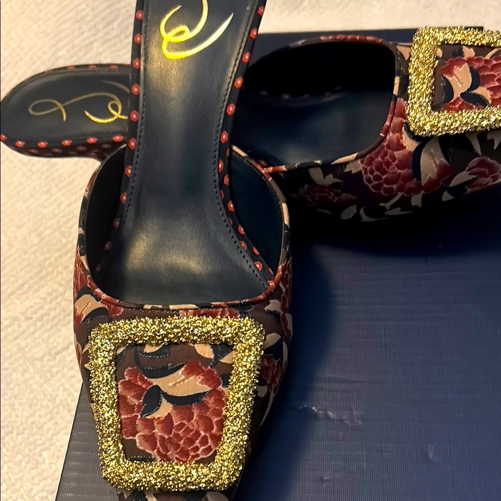 Sam Edelman Gold and Red Mules with Ornate Design
